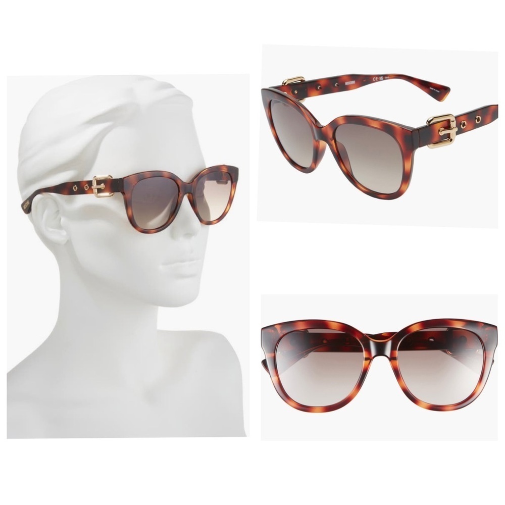 NWT Moschino 54mm Cat Eye Tortoise Shell Sunglasses with Black Leather Case